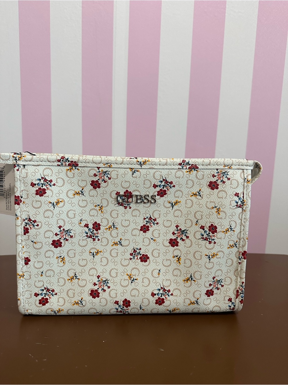 GUESS Cream Floral Cosmetic Pouch with Red and Yellow Accents